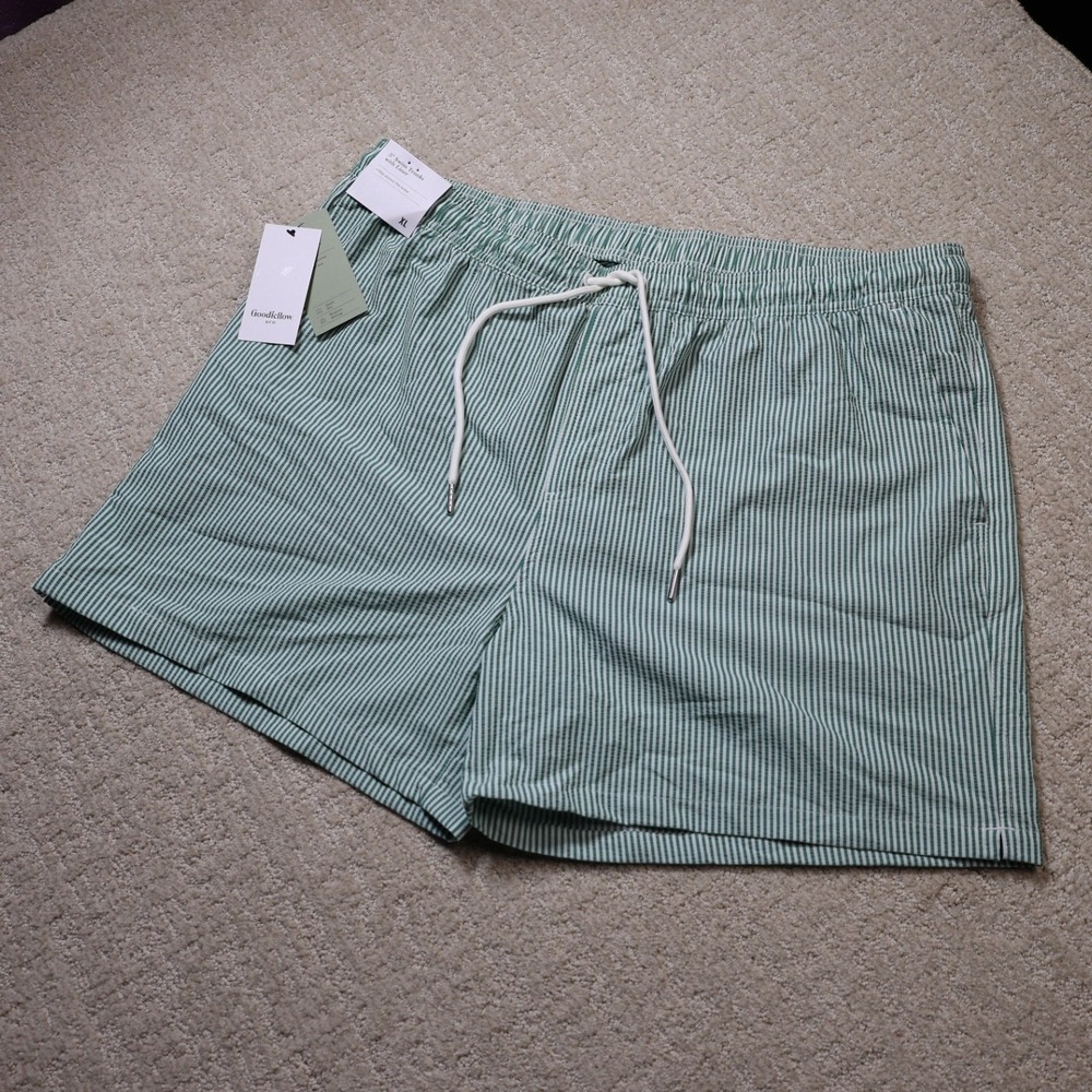 Goodfellow & Co Mens XL 5in Swim Trunks Olive Green Stripe Seersucker New